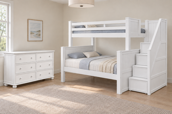 Beatrice White Twin-over-Full Stair Bunk & Dresser Bedroom Set — Hero lifestyle — Base set: bunk with included access and one six-drawer dresser. No Underbed Item. Mattresses, bedding and decor are not included.