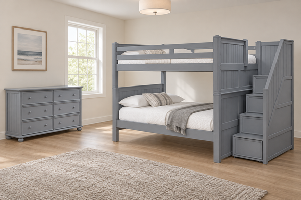 Moreno Grey Full-over-Full Stair Bunk & Dresser Bedroom Set — Hero lifestyle — Base set: bunk with included access and one six-drawer dresser. No Underbed Item. Mattresses, bedding and decor are not included.