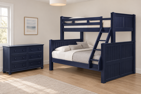 Annapolis Blue Twin-over-Queen Bunk & Dresser Bedroom Set — Hero lifestyle — Base set: bunk with included access and one six-drawer dresser. No Underbed Item. Mattresses, bedding and decor are not included.