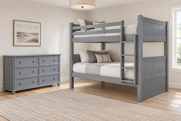 Moreno Grey Queen-over-Queen Bunk & Dresser Bedroom Set — Hero lifestyle — Base set: bunk with included access and one six-drawer dresser. No Underbed Item. Mattresses, bedding and decor are not included.