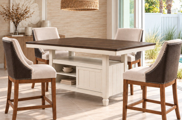 Acme Tasnim 77180 counter-height table with Gilsea DN03726 chairs in a room setting. Base offer includes one table and four chairs; decorative accessories are not included.