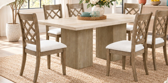 Acme Olinda DN07035 table with Karsen DN01450 chairs in a room setting. Base offer includes one table and four chairs; extra chairs require selection. Decorative accessories are not included.
