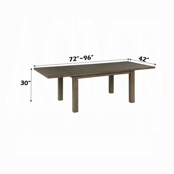 Included Nabirye73160 extension table, manufacturer diagram:72–96L x42W x30H inches. Four Nolan72852 chairs are included and shown separately.