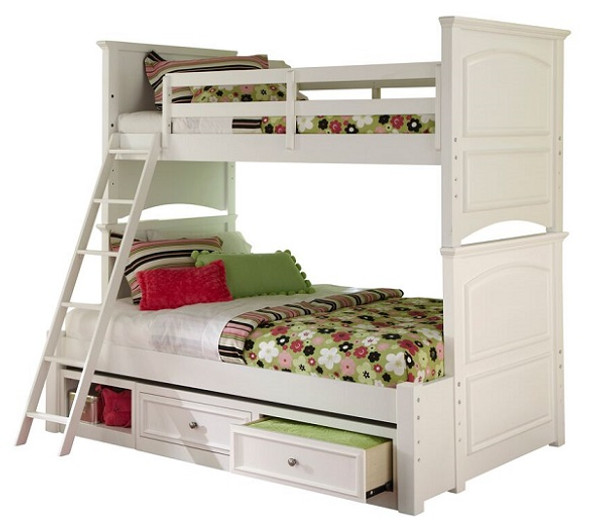 Daphne White Twin over Full Bunk Beds shown with Optional Set of 2 Under Bed Storage Drawers