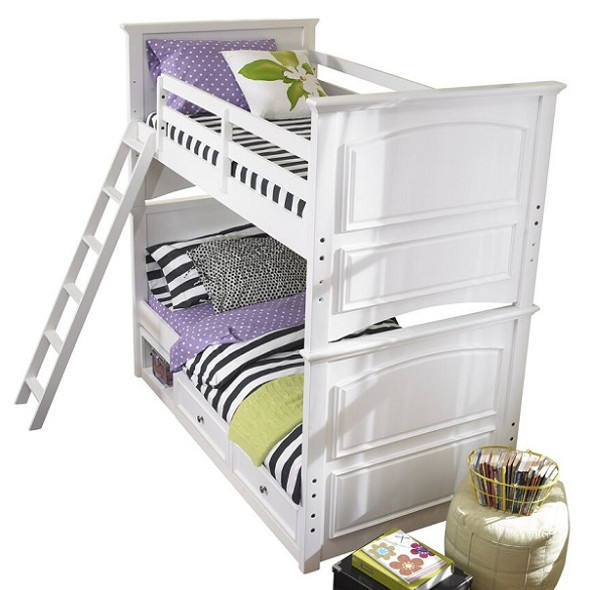 Daphne White Twin Bunk Beds for Girls shown with Optional Set of 2 Under Bed Storage Drawers