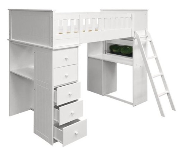 Kohler White Twin Loft Bed with Desk and Storage Chest/Shelf Detail