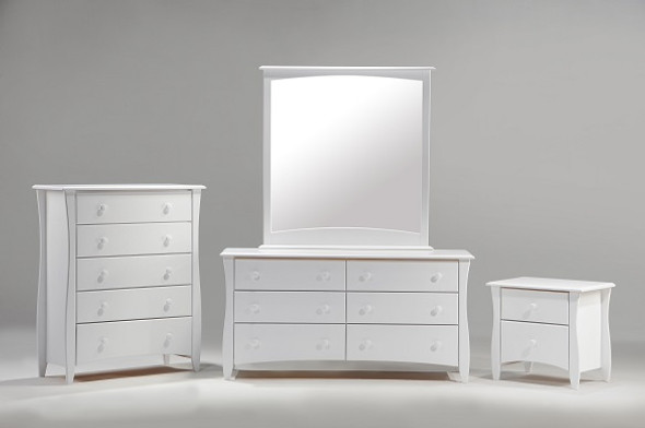 Hollywood White 5 Drawer Chest, 6 Drawer Dresser with Mirror and 2 Drawer Nightstand Group