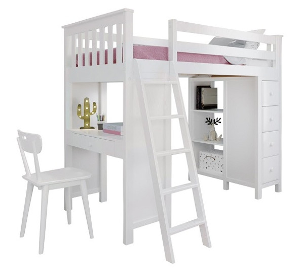 Chelsea White Twin Loft Bed with Desk and Storage Left Side Angled View