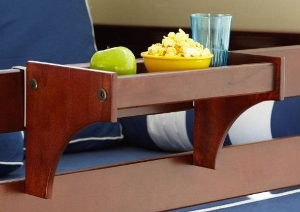 Dawson Chestnut Bedside Shelf with Cupholder on Bed Close
