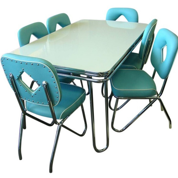 Hit Parade 1950s Formica Kitchen Table and Chairs shown with White Formica top and Island Turqua Vinyl Chairs