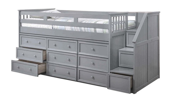 Moreno Stairway Low Loft Bed with Storage shown with Optional 3 Drawer Chest and 6 Drawer Dresser-Grey Finish
