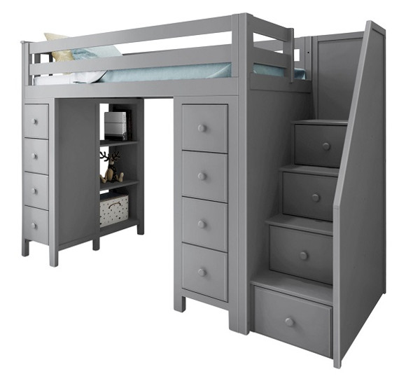 Almere Gray Twin Size Storage Loft Bed with Stairs Angled View