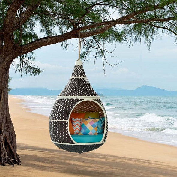 Aladdin Hanging Outdoor Patio Wicker Pod Brown and Turquoise Hanging from Tree