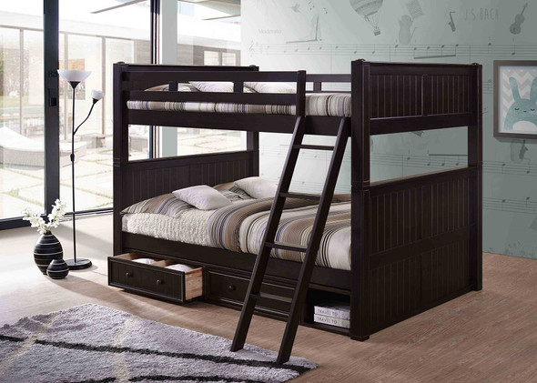 Foster Espresso Queen Size Bunk Beds shown with Optional Set of 2 Underbed Storage Drawers with Cubby Room