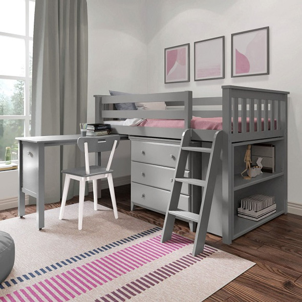 Almere Gray Twin Low Loft Bed with Desk and Dresser Angled View Desk Out Room