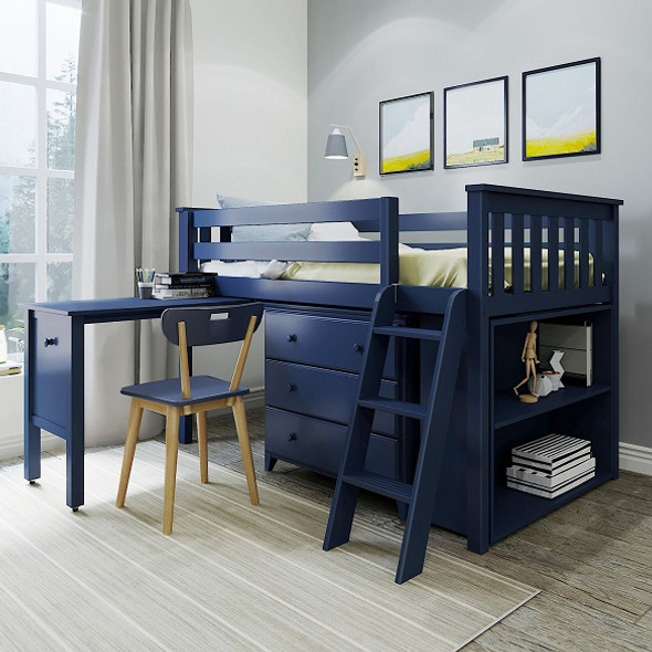 Baldwin Blue Twin Low Loft Bed with Desk and Dresser Angled View Desk Out Room