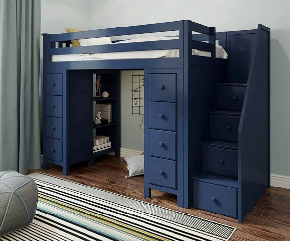 Baldwin Blue Twin Size Storage Loft Bed with Stairs Angled View Room