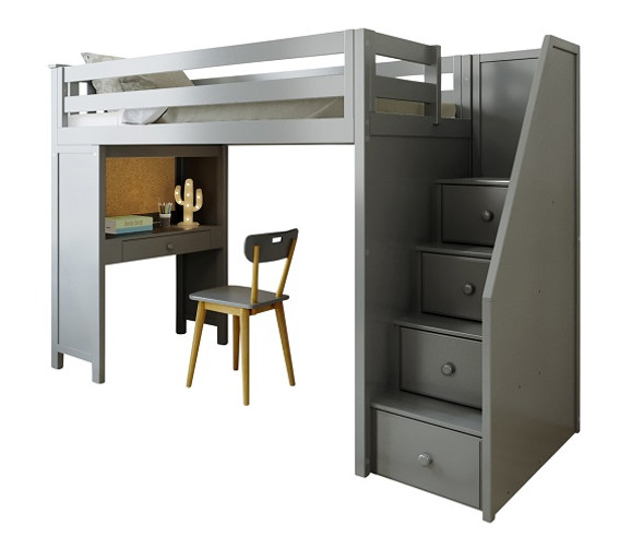 Rylan Gray Twin Loft Bed with Stairs and Desk