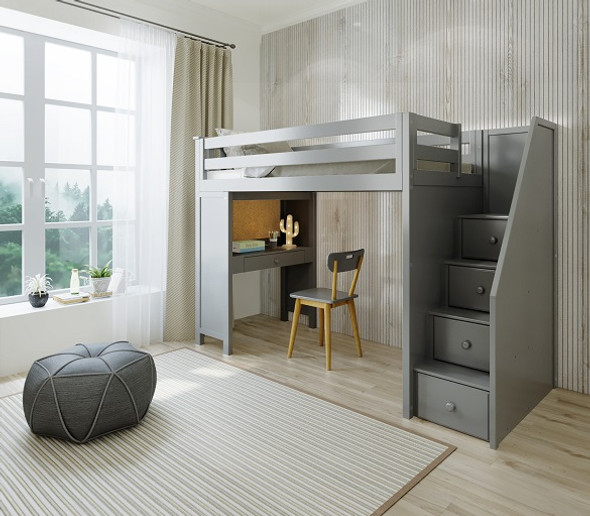 Rylan Gray Twin Loft Bed with Stairs and Desk Angled View Room