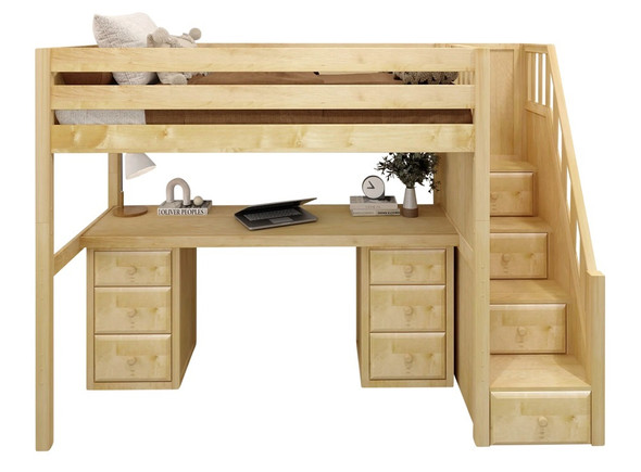 Haylee Natural Twin Loft Bed with Stairs and Desk