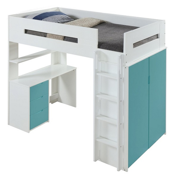 Cosmos White and Teal Twin Loft Bed with Desk and Storage Angled