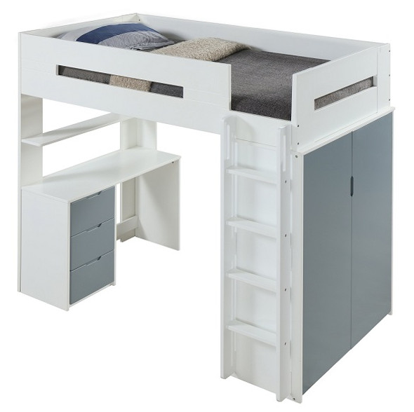 Cosmos White and Gray Twin Loft Bed with Desk and Storage