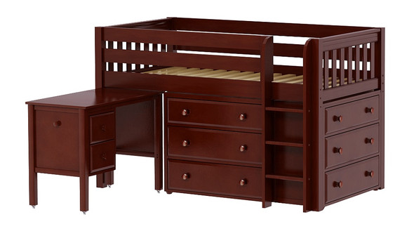 Madeline Chestnut Twin Low Loft Bed with Desk and Storage-Slatted Ends Angled View