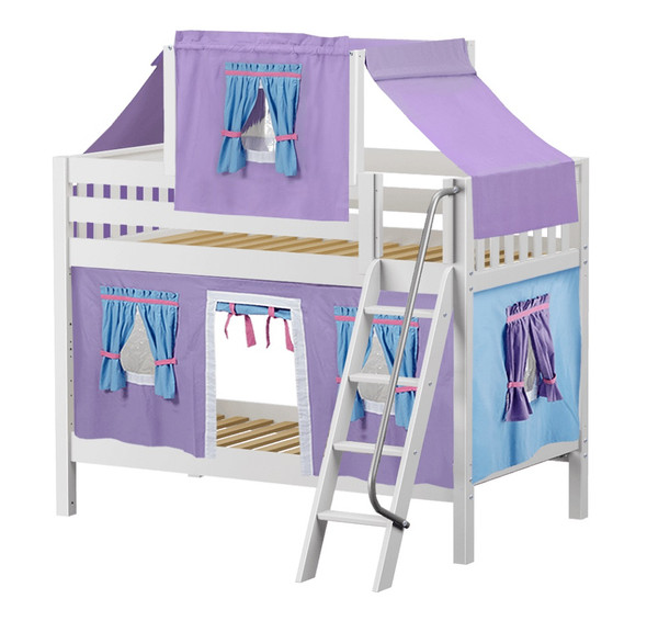 Whistle Stop White Low Twin Size Kids Playhouse Bunk Bed-Slatted Ends-Purple/Blue/Hot Pink