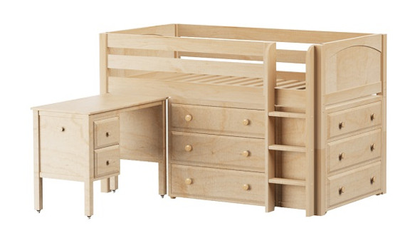 Madeline Natural Low Twin Loft Bed with Desk and Storage Panel Ends