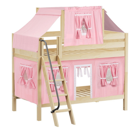 Whistle Stop Natural Low Twin Size Kids Playhouse Bunk Bed-Panel Ends-Soft Pink/White