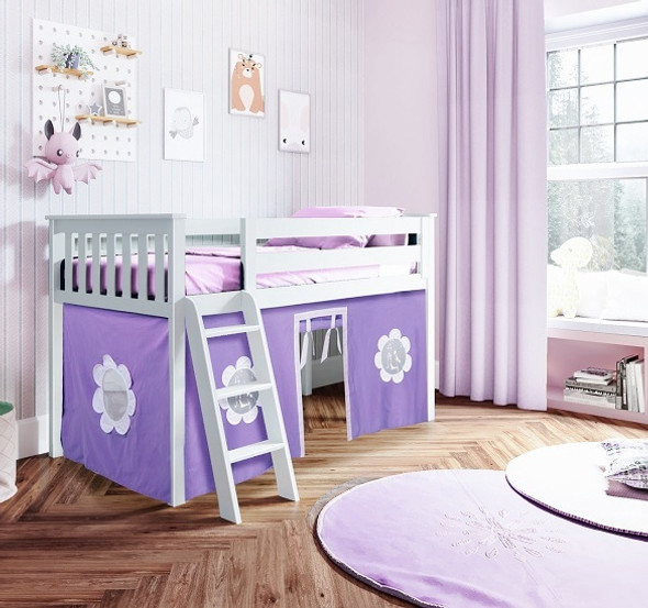 Khory White Loft Beds for Kids shown with Purple and White Curtains Room