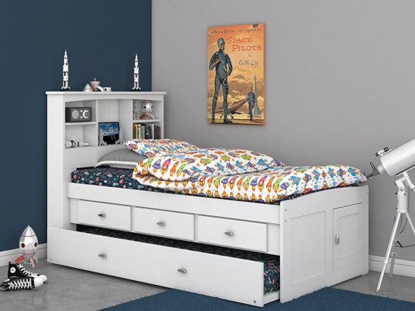 Matslen White Twin Bookcase Captains Bed with Trundle Room