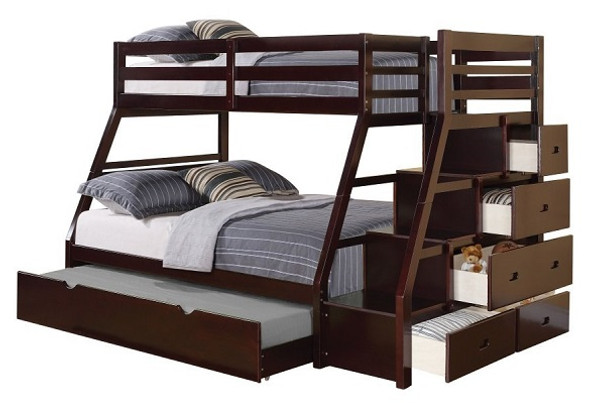 Warner Espresso Twin over Full Bunk Bed with Stairs Drawers and Trundle Out