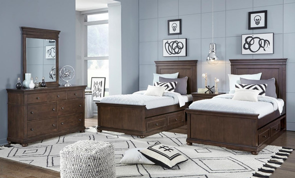 Finn Brown Cherry Twin and Full Size Beds shown with Optional Set of 2 Under Bed Storage Drawers