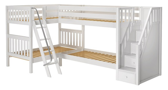 Calumet White Twin Sleeps 4 L Shaped Bunk Beds with Stairs