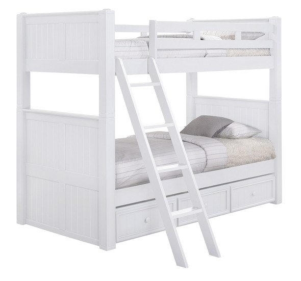 Beatrice White Twin XL Bunk Beds shown with Angled Ladder and Optional Twin XL Storage Trundle