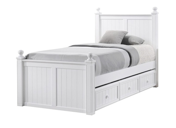 Beatrice White Twin XL Bed shown with Optional XL Storage Trundle
