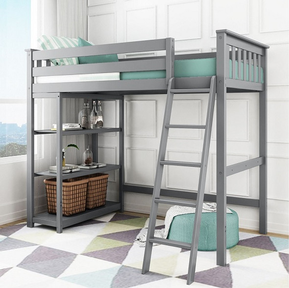 Grandview Gray Twin Loft Bed Shelves on Left-Ladder on Right Room