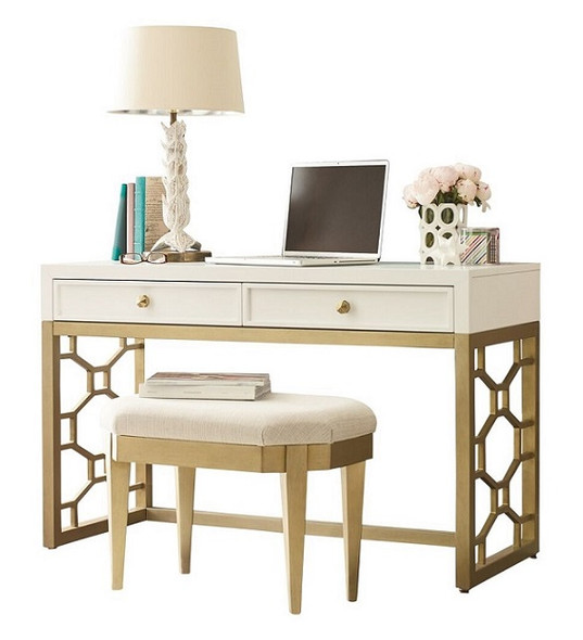 Antoinette White and Gold Desk shown with Optional Gold Stool