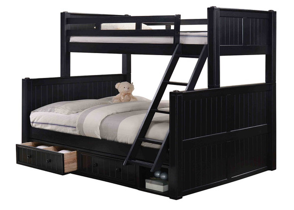 Eberhardt Black Twin over Queen Bunk Bed shown with Optional Set of 2 Underbed Drawers with Cubby