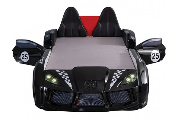 Roadway Black Race Car Bed Front View with Doors Open and Headlights On