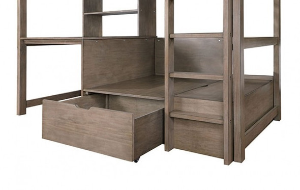 Quinn Greige Loft Bed with Desk Pull Out Drawers on Casters Detail