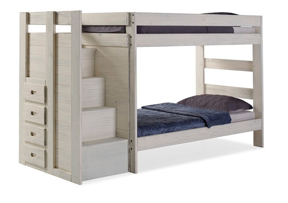 Melody Antique White Twin XL Bunk Bed with Steps-Recessed Pulls