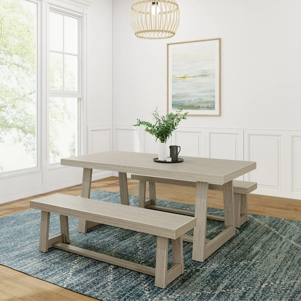 Riley Seashell Dining Room Table and Bench Angled View Room