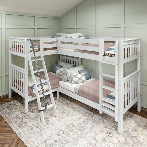 Columbia White Quad L Shaped Bunk Beds-Twin Twin-Slatted Ends Angled View