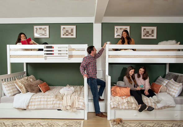Melrose White Quadruple Twin XL over Queen Bunk Bed with Stairs Front View with Family Room Melrose White Quadruple Twin XL over Queen Bunk Bed with Stairs Front View with Family Room