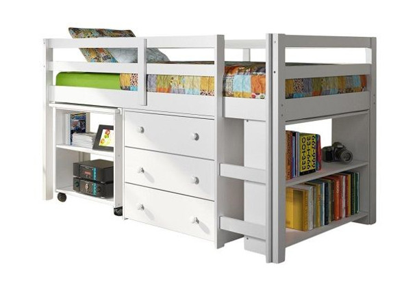 Livorno White Twin Size Mid Loft Beds for Kids Desk In