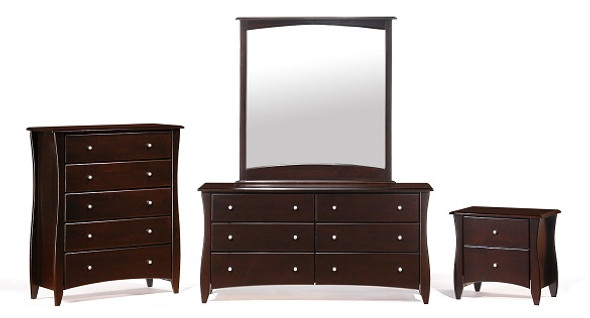 Westwood Chocolate 2 Drawer Nightstand, 6 Drawer Dresser with Mirror and 5 Drawer Chest Group