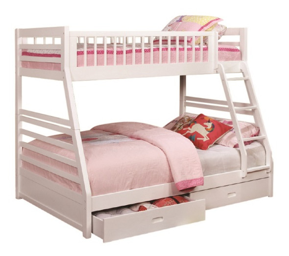 Annika White Twin over Full Bunk Bed with Storage Pink Bedding