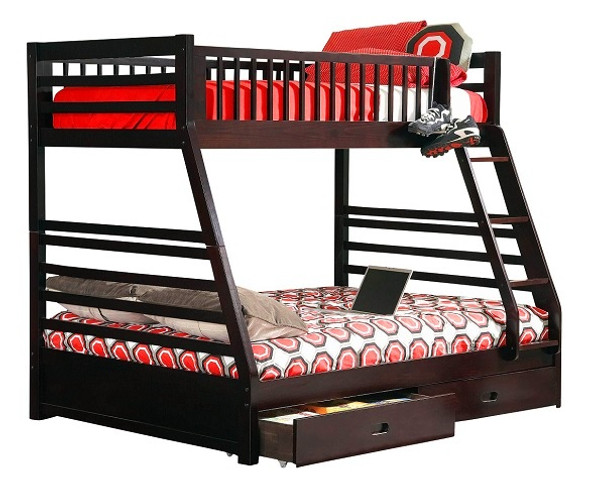 Aiden Cappuccino Twin over Full Bunk Bed with Storage Left Side Angled View